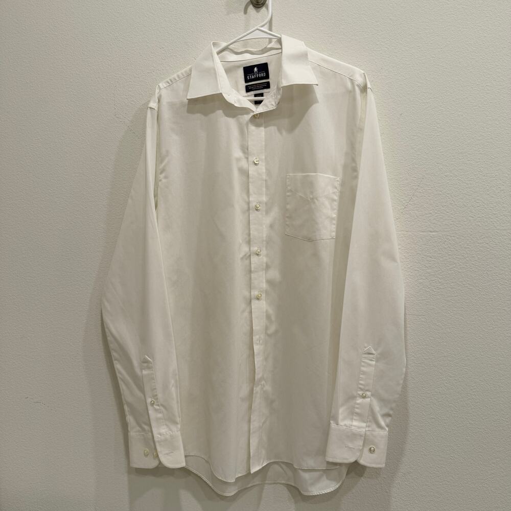 Stafford Mens Wht Dress Shirt Fitted Broadcloth Formal Business Large 16.5 36/37